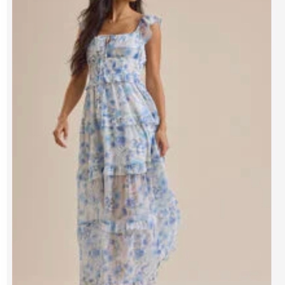 Altar'd State Blue Floral Maxi Dress with Ruffle Straps